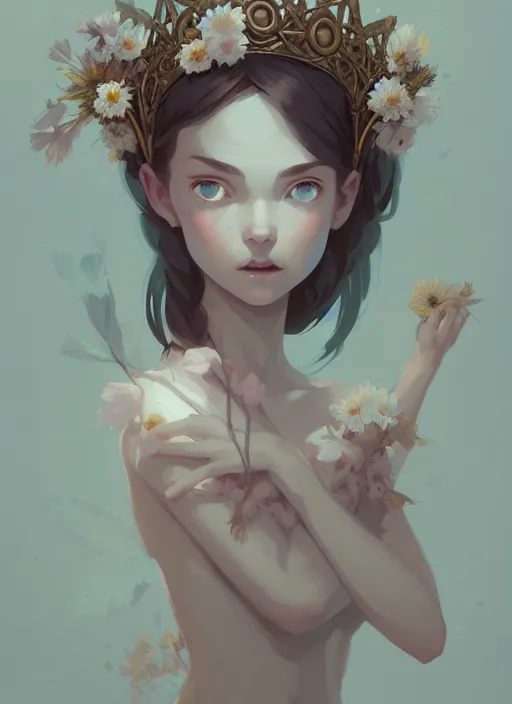 Image similar to portrait of cute nymph girl with crown of flowers with celtic tattoos, fantasy, by atey ghailan, by greg rutkowski, by greg tocchini, by james gilleard, by joe gb fenton, by in kaethe butcher, dynamic lighting, gradient light blue, brown, blonde cream and white color in scheme, grunge aesthetic