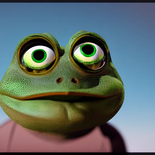 Image similar to pepe the frog, photorealistic render with cinematic lighting by beeple, cinema octane, unreal engine, 8 k