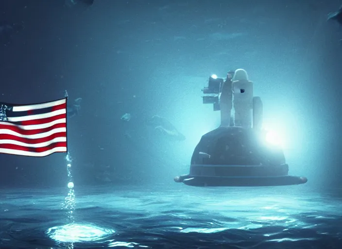 Image similar to dark underwater photo of an astronaut underwater putting a flag on the ocean's floor. in the background, a submarine is visible. dark, concept art, cinematic, dramatic, blender, photorealistic, octane render, 8 k, volumetric lighting, trending on artstation