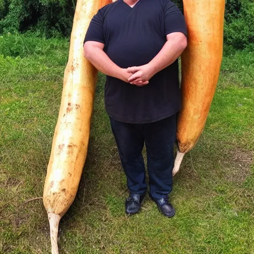 Image similar to a photo of a portly man with long hair holding a 1 0 m long yam