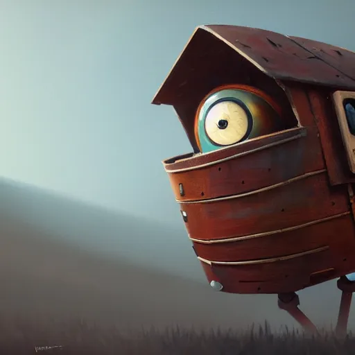 Image similar to a walking wood and metal house with two mechanical legs and two eyes, rust, hyperrealistic, highly detailed, cinematic, single ray of sun, morning, pareidolia, gravity falls style, beautiful, cgssociety, artstation, 8 k, oil painting, digital art