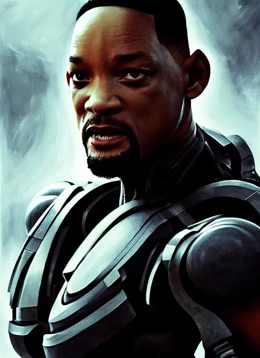 Image similar to will smith as victor stone, full body concept, cyborg, borg, strogg, face of a man, terminator, flesh, quake strogg, doom demon, wolfenstein, monstrous, powerful, symmetry, symmetrical, concept art by ruan jia and greg rutkowski