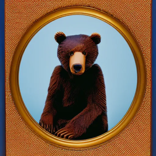 Image similar to a photo in a circular ornate golden frame, of a brown and red college mascot bear wearing blue jeans sitting on the bleachers inside the gym,