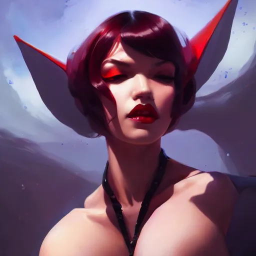 Image similar to a beautiful portrait of a beautiful vampirella, concept art by pete mohrbacher and guweiz and ilya kuvshinov, digital art, highly detailed, intricate, sharp focus, trending on artstation hq, deviantart, unreal engine 5, 4 k uhd image