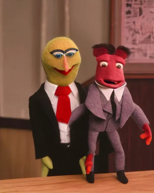 Image similar to film still from twin peaks, agent dale cooper as a puppet muppet!!. highly detailed felt. hyper real photo, octane, jim henson, 4 k.