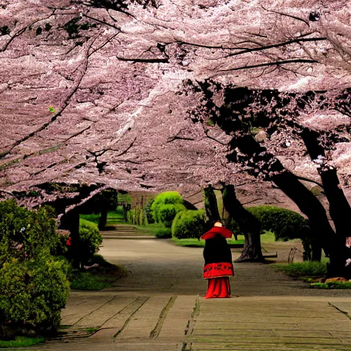 Image similar to samurai standing under a blossom tree