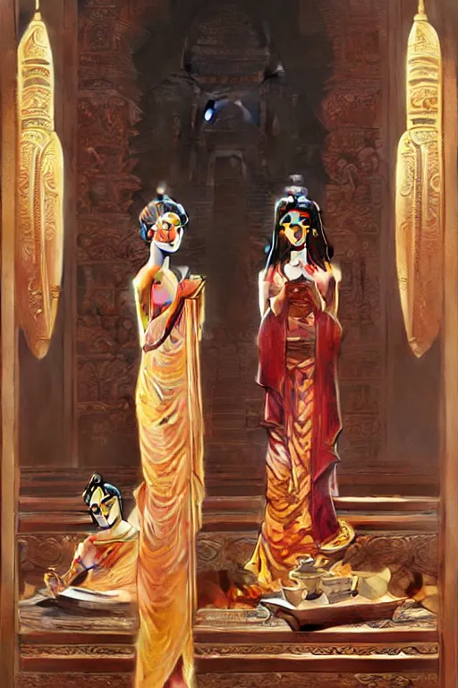 Image similar to temple, buddhism, painting by greg rutkowski, j. c. leyendecker, artgerm