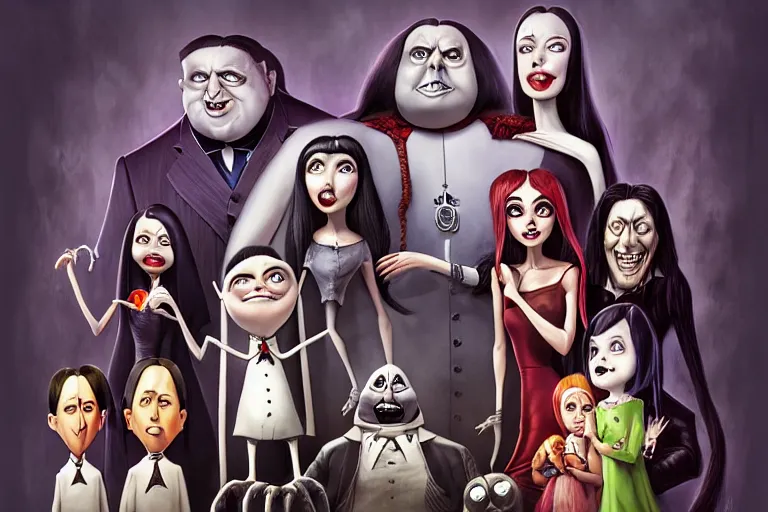 Prompt: the addams family, american mcgee's alice, sharp focus, artstation, trending, by julie dillon, luis melo, tyler miles lockett, lei jin, hong lei, ken wong, adam narozanski, joy ang