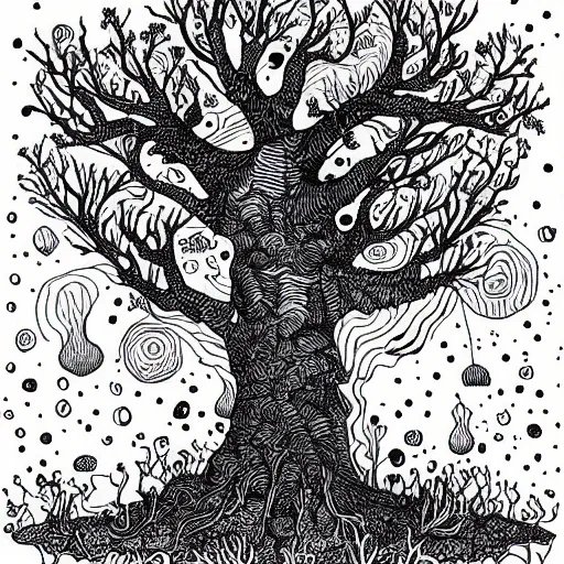 Image similar to black and white ink doodle illustration of an ancient tree floating in outer space, overgrown with funghi, style by peter deligdisch, peterdraws