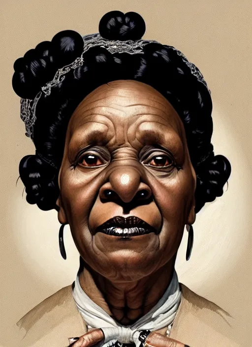 Image similar to a portrait of an old black woman with a crooked nose in victorian clothing, confident pose, intricate, elegant, sharp focus, illustration, highly detailed, concept art, matte, trending on artstation, anime, art by james jean and artgerm and brian despain and alberto mielgo, greg rutkowski, wlop, ilya kuvshinov, strong strokes