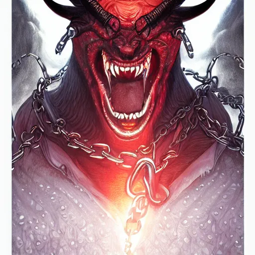 Image similar to demon, satan, red eyes, chain, handcuffs, large chain, wide open wife mouth, scream, cruelty, light effect, hyper detailed, intricate, elegant, highly detailed, digital painting, artstation, concept art, matte, sharp focus, illustration, by dan mumford, yusuke murata, makoto shinkai, ross tran