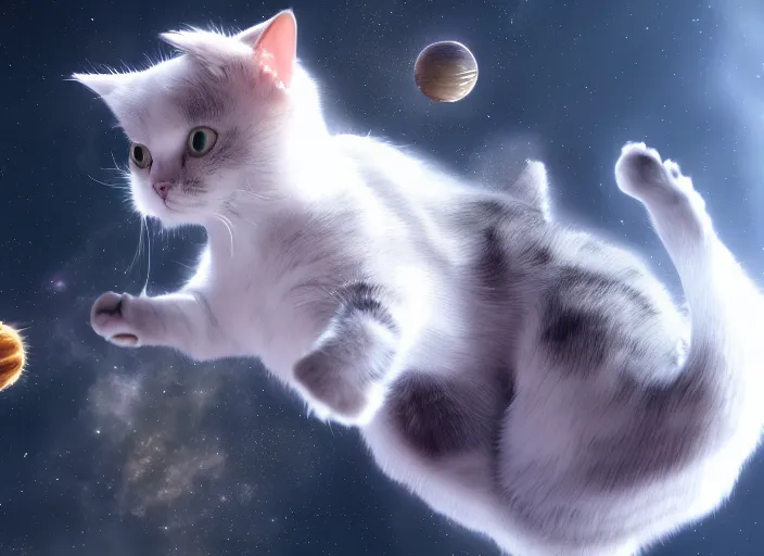 Image similar to a beautiful cat floating in space, realist, 4k, unreal engine