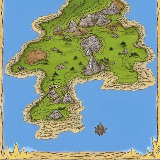 Image similar to dnd world map, mountains, villages, rivers, oceans, islands, unlabeled