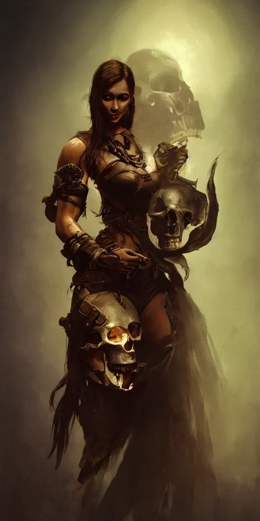 Image similar to a beautiful gorgeous female warrior lady holding a skull in front of her, in a dark setting by Frank Frazetta, atmospheric, trending on artstation, 4K, subsurface scattering, global illumination, cinematic lighting, UHD, HDR