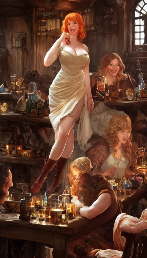 Image similar to young christina hendricks in a tavern, energetic, laughing, fit, warhammer, lord of the rings, sweaty, strong, intricate, highly detailed, digital painting, artstation, concept art, smooth, sharp focus, illustration, unreal engine 5, 8 k, art by artgerm and greg rutkowski and alphonse mucha