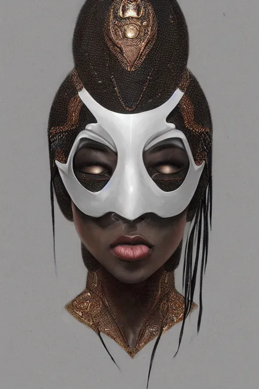 Image similar to ultra realistic illustration, black woman, yeezus margiela mask, hacknaut cyberpunk, sci - fi, fantasy, intricate, elegant, highly detailed, digital painting, artstation, concept art, smooth, sharp focus, illustration, art by artgerm and greg rutkowski and alphonse mucha