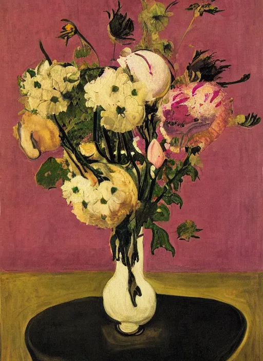 Image similar to a surreal painting of a breakfast still life, vase of flowers, by George Baselitz, symbolist, soft colors, dramatic lighting, smooth, sharp focus, extremely detailed, aesthetically pleasing composition