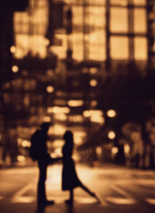 Prompt: a 2 8 mm macro photo of a couple kissing in the city in silhouette in the 1 9 7 0 s, bokeh, canon 5 0 mm, cinematic lighting, dramatic, film, photography, golden hour, depth of field, award - winning, 3 5 mm film grain, low angle
