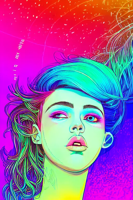 Image similar to a award winning half body portrait of a beautiful woman with stunning eyes in a croptop and cargo pants with rainbow colored ombre hairstyle head in motion and hair flying by josan gonzales, neon outlines, outrun, vaporware, shaded flat illustration, digital art, trending on artstation, highly detailed, fine detail, intricate