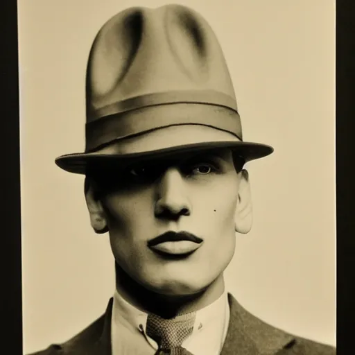 Image similar to a photograph portrait of jerma in the 1 9 3 0 s with slicked back hair and a homburg fedora, taken in the mid 1 9 3 0 s, grainy, taken on a 3 0 s kodak camera, realistic, hyperrealistic, very realistic, highly detailed, very detailed, extremely detailed, detailed, digital art, trending on artstation