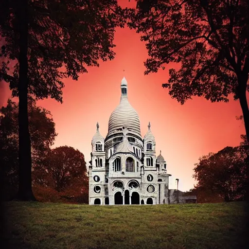 Image similar to abandoned Basilica of Sacré Coeur de Montmartre, toxic orange and pink clouds strain the sunlight, stark contrasting lighting, contrejour, a two-headed mutated deer-like creature looks on in the distance from the sparse twisted silhouetted foliage, a highly detailed colorful matte painting by Scott Listfield and Mikko Lagerstedt, featured on Artstation, Unreal Render, 8k HDR, fisheye