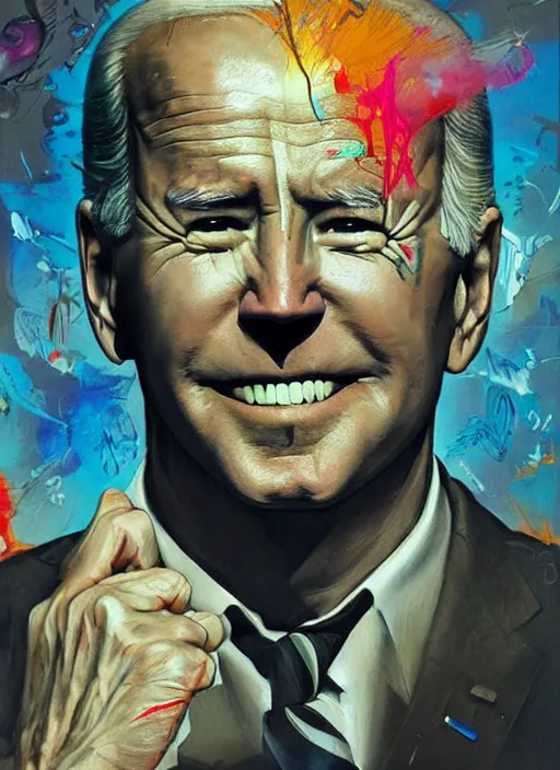 Image similar to beautiful portrait of Joe Biden, by Tristan Eaton, Stanley Artgermm, Tom Bagshaw, Greg Rutkowski, Carne Griffiths. trending on DeviantArt, face enhance, hyper detailed, trending on Artstation, 8k, masterpiece, graffiti paint, fine detail, full of color, intricate detail, golden ratio illustration