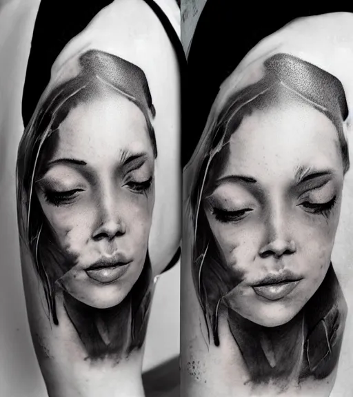 Image similar to a beautiful girl portrait, faded mountain background, realism tattoo, in the style of den yakovlev, black and white, hyper realistic, highly detailed