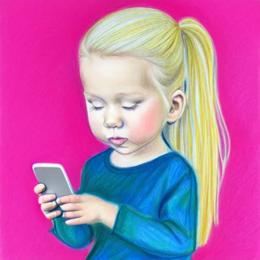 Image similar to 3 year old blonde girl with iphone, colored pencil on white background by eloise wilkin