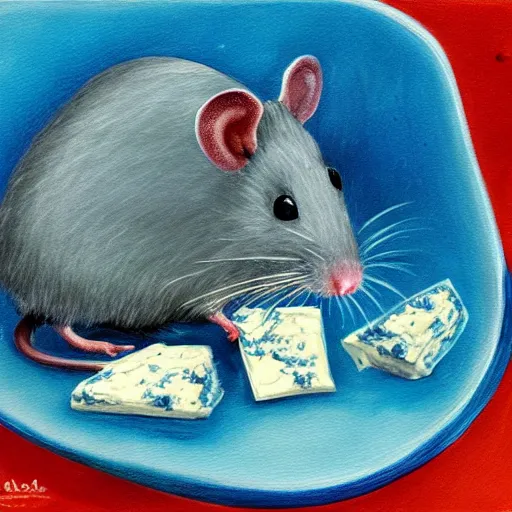 Prompt: rat eating blue cheese painting