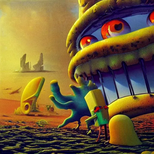 Image similar to surrealism spongebob, epic, cinematic shot, 8k, by Bruce Pennington, sharp focus, highly detailed, saturated