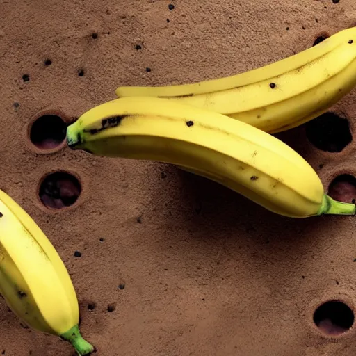 Image similar to a mutated banana with holes in it, there are spiders crawling out of the holes, close up shot.