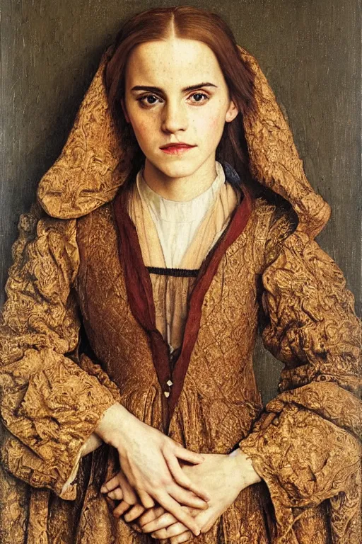 Prompt: portrait of emma watson, oil painting by jan van eyck, northern renaissance art, old masters, alla prima, realistic, expressive emotions, intricate textures, illusionistic detail