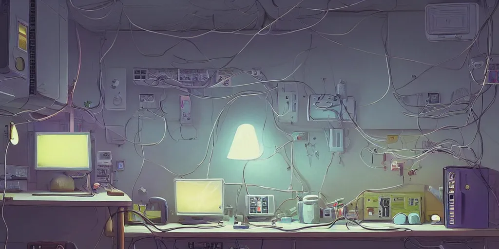 Image similar to cozy 9 0 s bedroom retrofuturism, cluttered, wires everywhere, computer, window, at night, lit only by the luminescent computer screen, dramatic lighting, alien technology, detailed by simon stalenhag