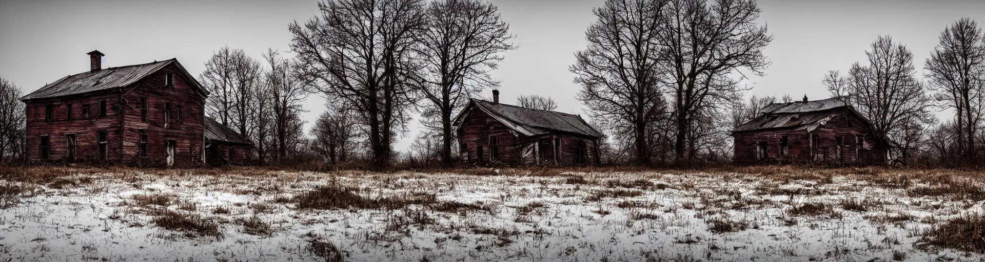 Image similar to landscape, dead nature, eastern european house, farm, abandoned, lifeless, winter, mud, atmospheric, mystical, very detailed 4 k