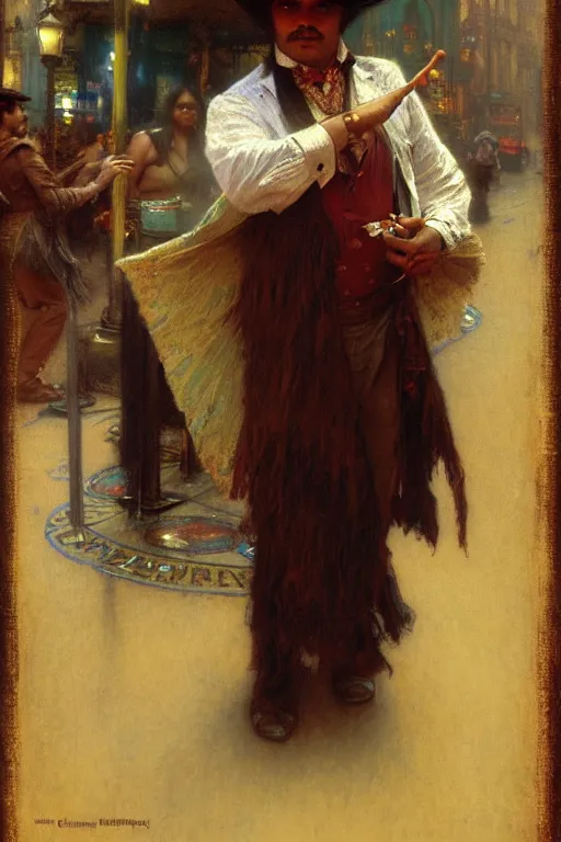 Prompt: honduran immigrant, dressed as a magician. christopher street, nyc, realistic painting by gaston bussiere, craig mullins, greg rutkowski, alphonse mucha