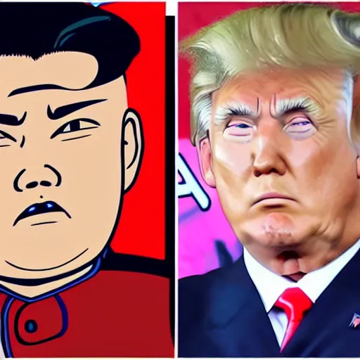 Prompt: Kim jong un naruto style anime vs Donald Trump who wield rasengan and chidori vs each other