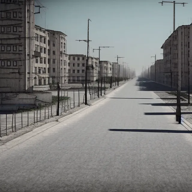 Prompt: empty street soviet city with identical soviet buildings and with a ideal lawn instead of road. no trees. cinematic, cgsociety