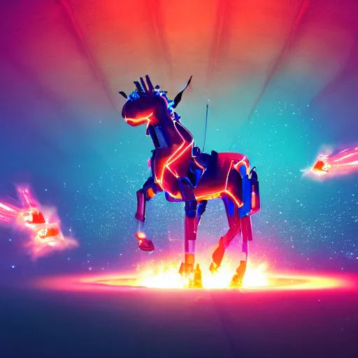 Prompt: a flaming, robotic unicorn, rearing up in front of an endless, digital space, surrounded by drones with cameras, synthwave, dslr photo