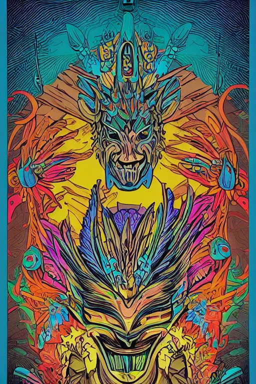 Image similar to animal mask totem roots flower tribal feather gemstone plant wood rock shaman vodoo video game vector cutout illustration vivid multicolor borderlands comics by josan gonzales and dan mumford radiating a glowing aura