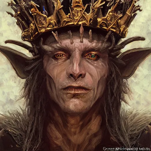 Prompt: Oil painting of the goblin king, wearing a crown made of bones, portrait, D&D, Magic The Gathering, by Craig Mullins, Nekro, Victo Ngai, centered, symmetrical, volumetric lighting