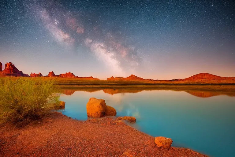 Image similar to beautiful landscape photography of an Arizona desert, lake, midnight, stars