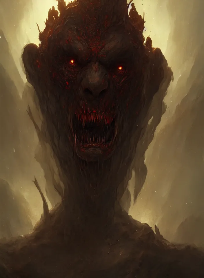 Image similar to a close portrait of a creature invoking fear, art by greg rutkowski, the plane of hell, horror setting, dark lighting, matte painting, trending on artstation, very detailed