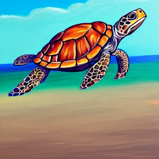 Image similar to a detailed painting of a turtle, all alone, on the beach, on a cloudy day