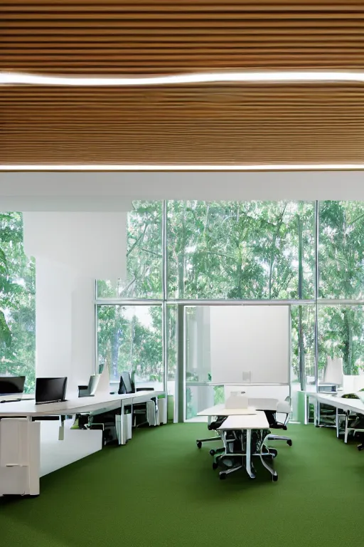 Prompt: vitra desks and chairs in the interior of a simple corporate office architecture with tall white offered ceiling in the sunny tropical forest made of glass and green gauze cloth, flowers, dappled light and wool white carpet in the foreground, thomas sanchez style