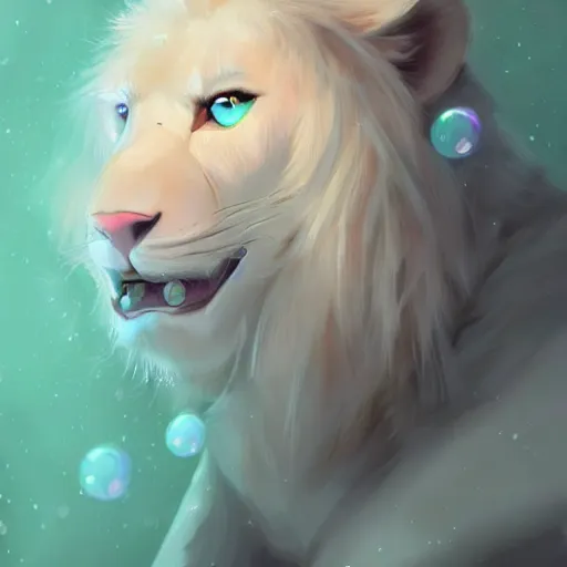 Image similar to aesthetic portrait commission of a albino male furry anthro lion cub popping floating bubbles while wearing a cute mint colored cozy soft pastel winter outfit, winter Atmosphere. Character design by charlie bowater, ross tran, artgerm, and makoto shinkai, detailed, inked, western comic book art, 2021 award winning painting