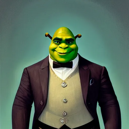 Prompt: handsome shrek in a tuxedo, highly detailed, digital painting, artstation, concept art, sharp focus, illustration, art by greg rutkowski and alphonse mucha