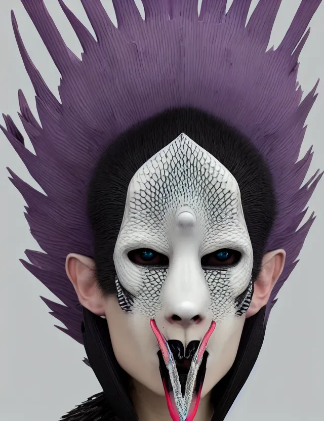 Image similar to 3 d goddess close - up profile simple portrait punk with mohawk with goat skull. beautiful intricately detailed japanese crow kitsune mask and clasical japanese kimono. betta fish, jellyfish phoenix, bio luminescent, plasma, ice, water, wind, creature, artwork by tooth wu and wlop and beeple and greg rutkowski