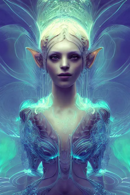 Prompt: a render of an ancient futuristic ethereal pixie with digital modifications surrounded by a underwater ink pour and flowing liquid gallium and complex sacred geometry, powerful, cinematic, beautifully lit, perfect face, by beeple, by artgerm, by karol bak, by brian froud, 3 d, trending on cgsociety, octane render, 8 k