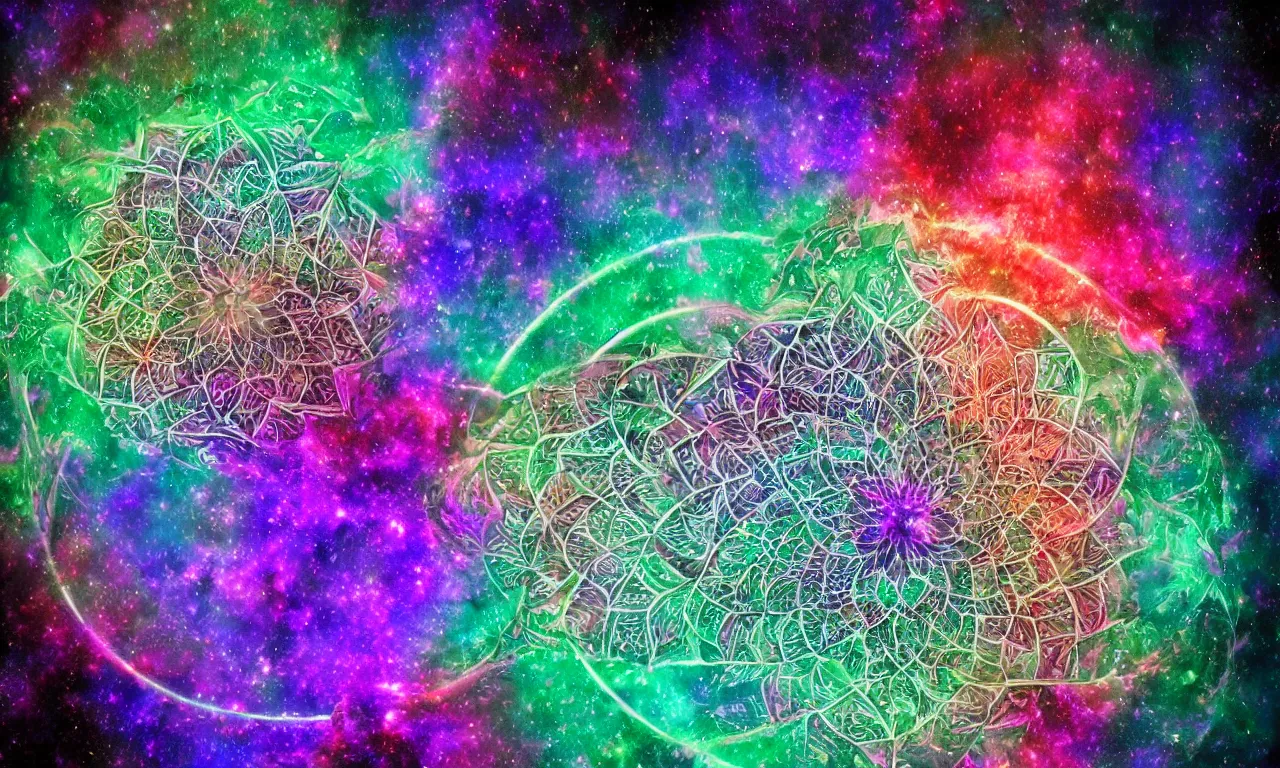 Image similar to fractal mandala nebula psy trip digital color stylized an ancient white bone and emerald gemstone relic, intricate engraving concept art style