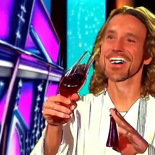 Prompt: jesus turning water into wine on America's got talent